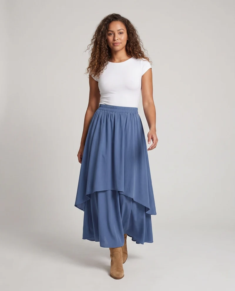 Damen Eleganter zweilagiger Maxirock mit fließendem Schnitt und elastischem Taillenbund Drune