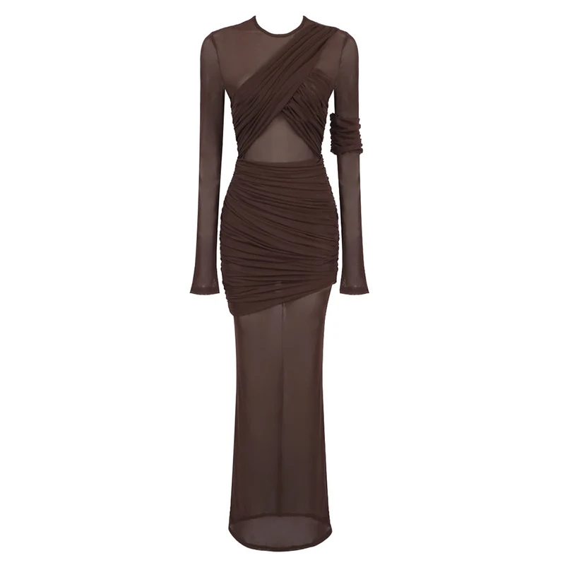 Damen Elegantes langarm Maxikleid mit raffinierten Drapierungsdetails und figurbetontem Schnitt Drune