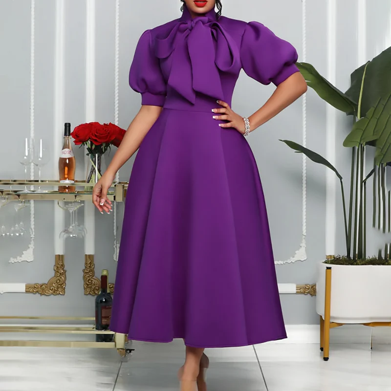 Damen Elegantes Midi-Kleid mit Puffärmeln und Bindegürtel Drune