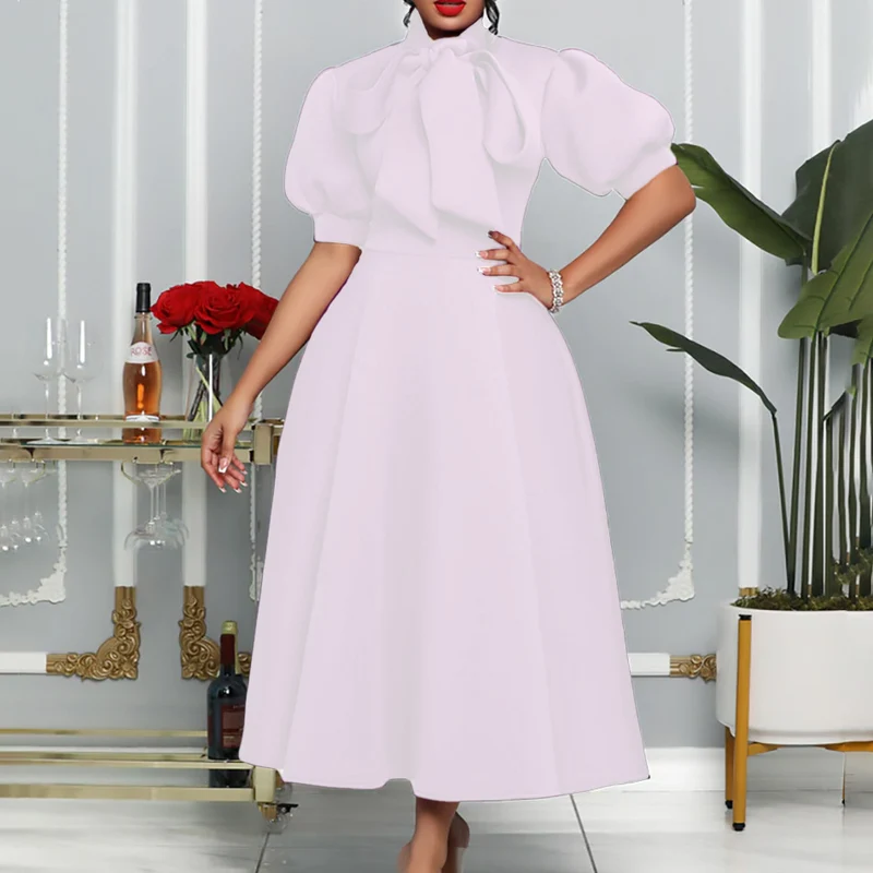 Damen Elegantes Midi-Kleid mit Puffärmeln und Bindegürtel Drune
