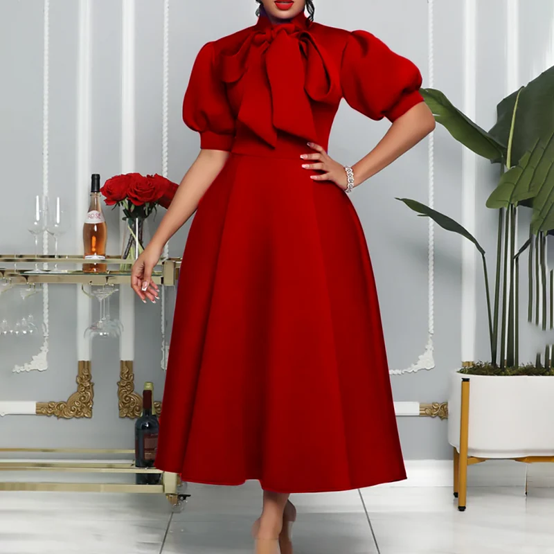 Damen Elegantes Midi-Kleid mit Puffärmeln und Bindegürtel Drune