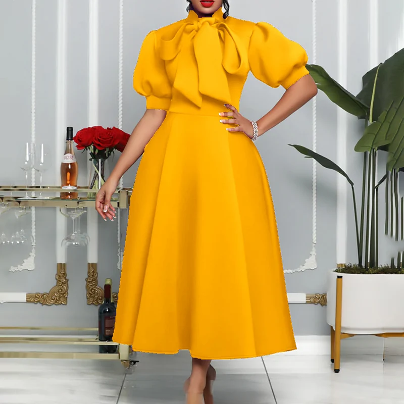 Damen Elegantes Midi-Kleid mit Puffärmeln und Bindegürtel Drune