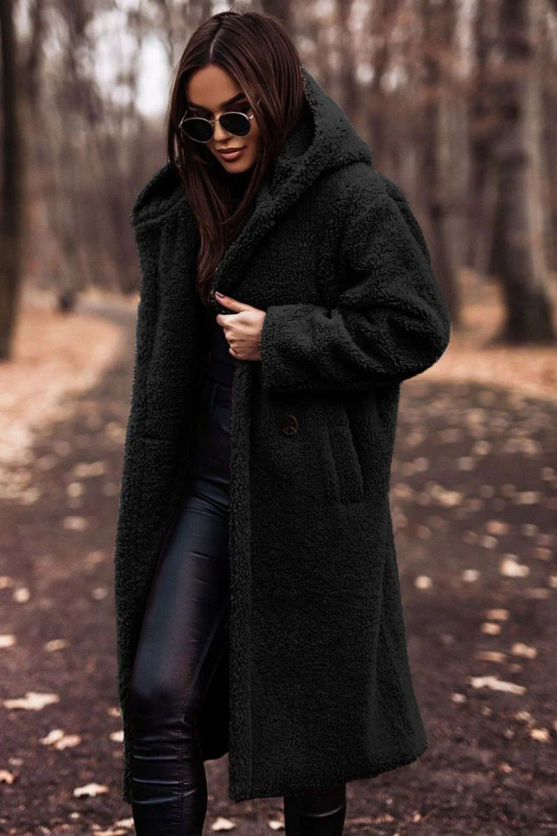 Drune | Damen Teddy Winterjacke Lang mit Kapuze und Weichem Futter