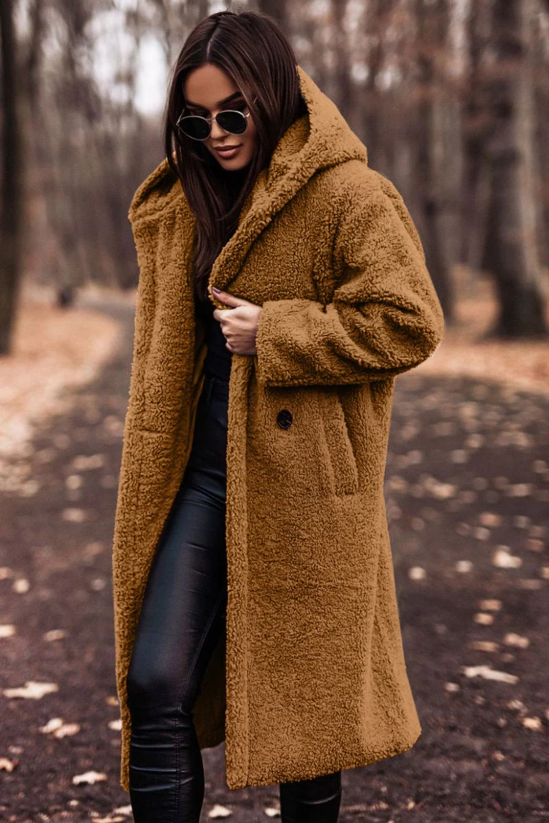 Drune | Damen Teddy Winterjacke Lang mit Kapuze und Weichem Futter