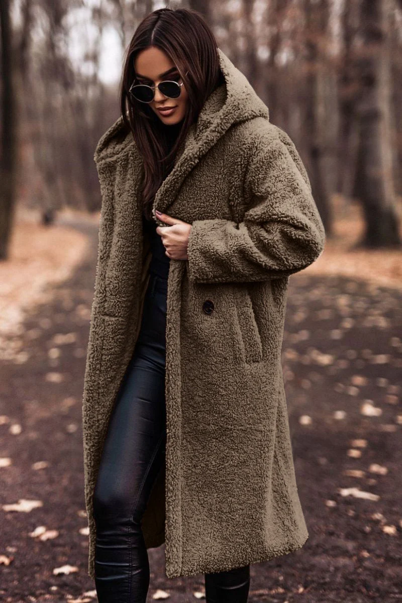 Drune | Damen Teddy Winterjacke Lang mit Kapuze und Weichem Futter