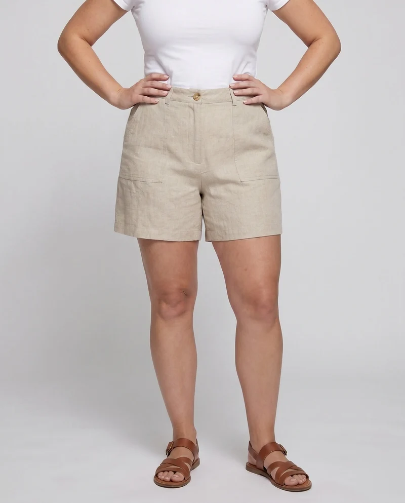 Damen Leinen-Shorts mit hoher Taille und praktischen Taschen