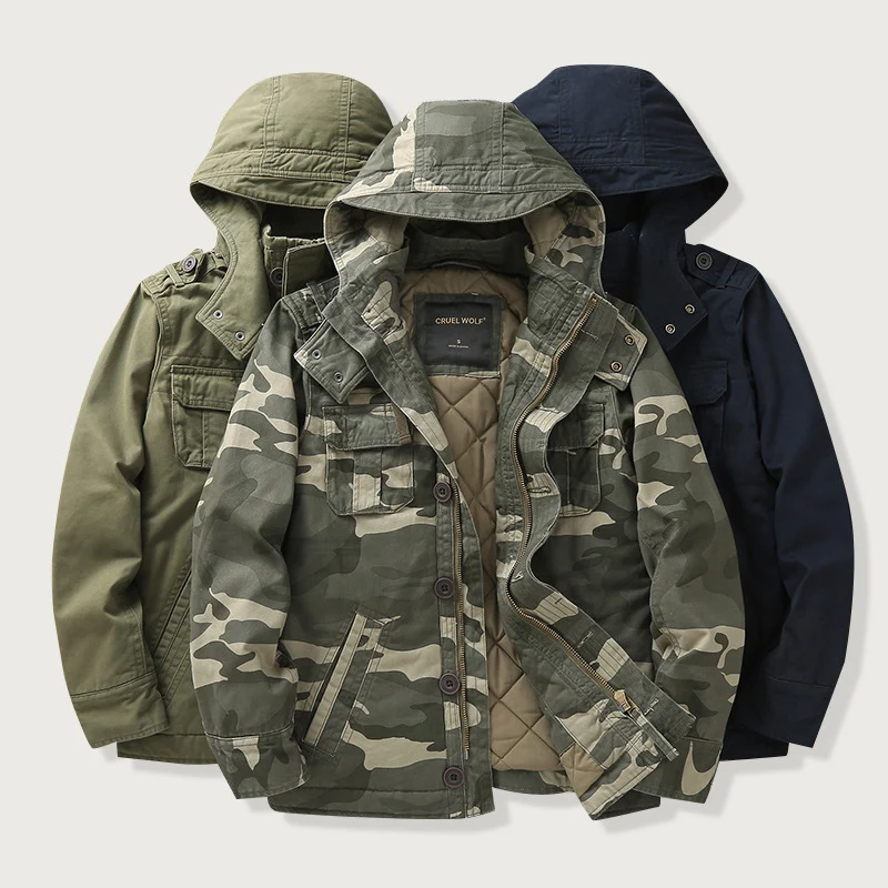 Herren Gefütterte Fieldjacke mit Kapuze und wattierter Stepp-Innenverarbeitung Drune
