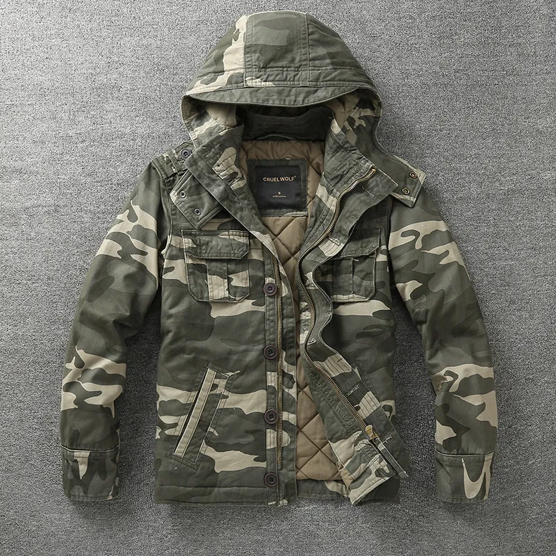 Herren Gefütterte Fieldjacke mit Kapuze und wattierter Stepp-Innenverarbeitung Drune