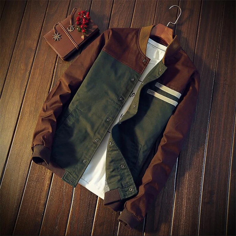 Herren zweifarbige Baumwoll-Twill Bomberjacke mit Druckknopfverschluss und gerippten Bündchen Drune