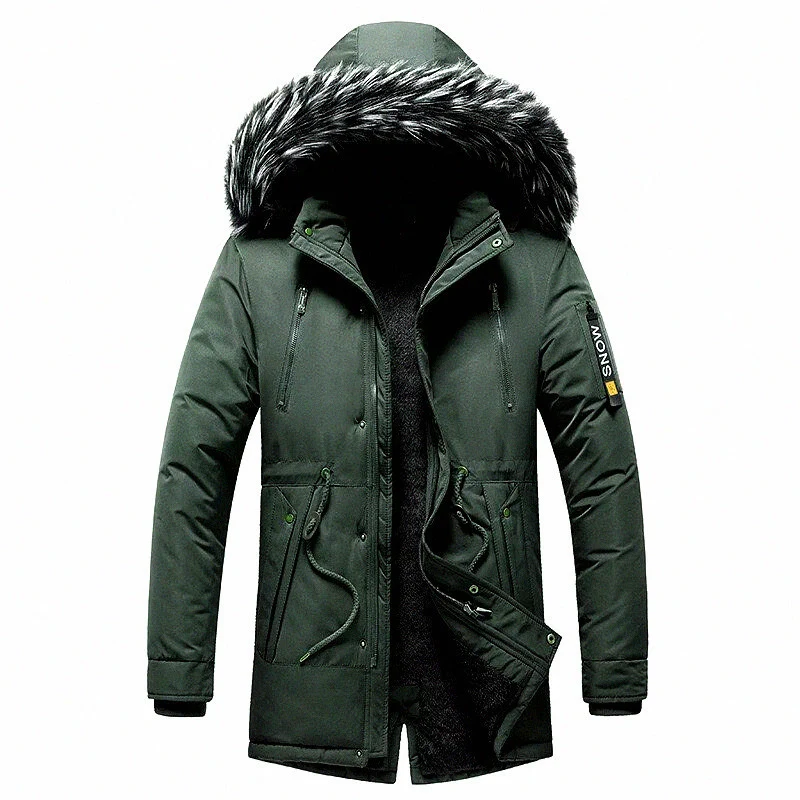 Herren Winterparka mit Kunstfellkapuze, gefütterter Thermo-Mantel mit Kordelzug Drune