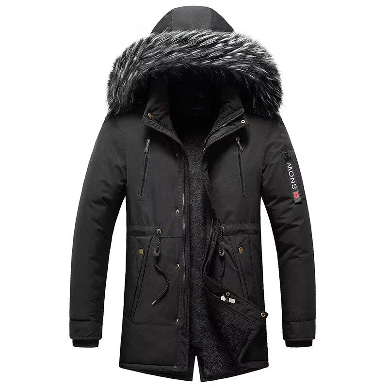 Herren Winterparka mit Kunstfellkapuze, gefütterter Thermo-Mantel mit Kordelzug Drune