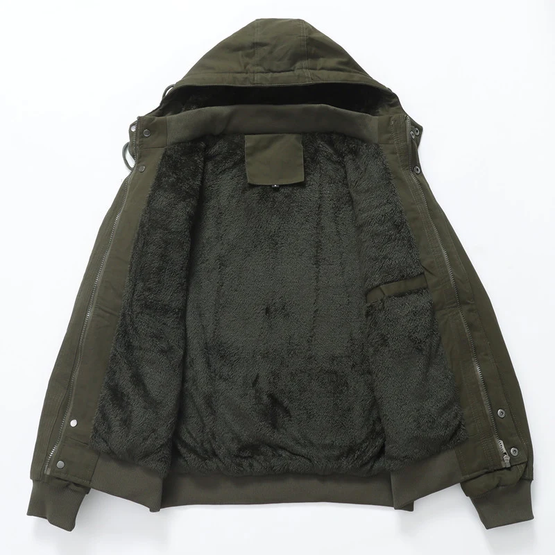 Herren Winddichte Canvas-Jacke mit Teddyfutter und Kapuze Drune
