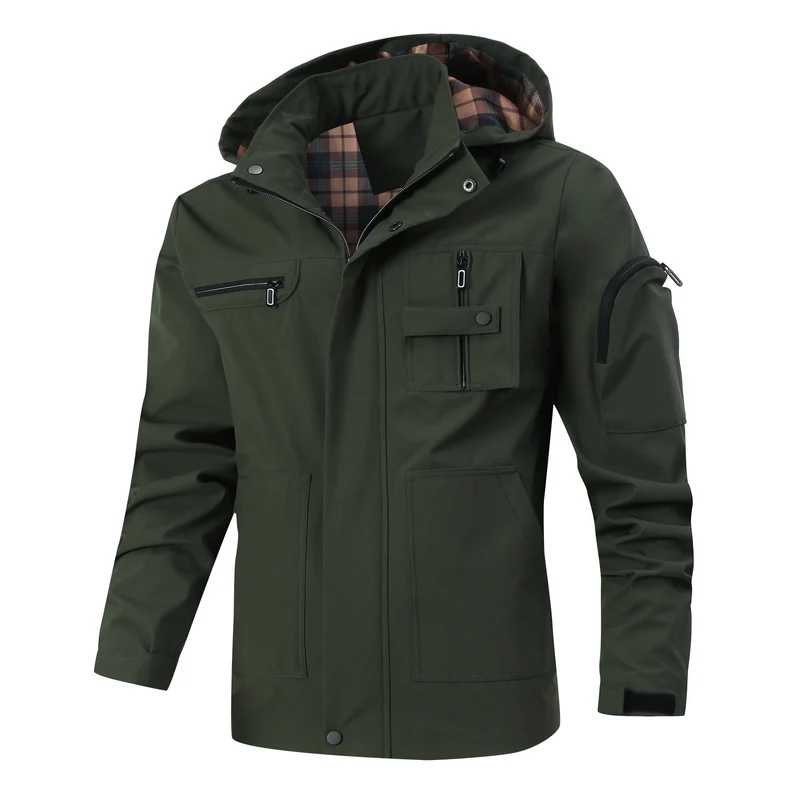 Herren Wasserdichte Utility-Jacke mit Kapuze und Mehrfachtaschen Drune
