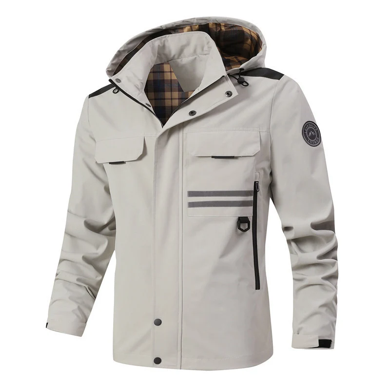 Herren Wasserdichte Softshell-Jacke mit Kapuze, reflektierenden Streifen und kariertem Innenfutter Drune