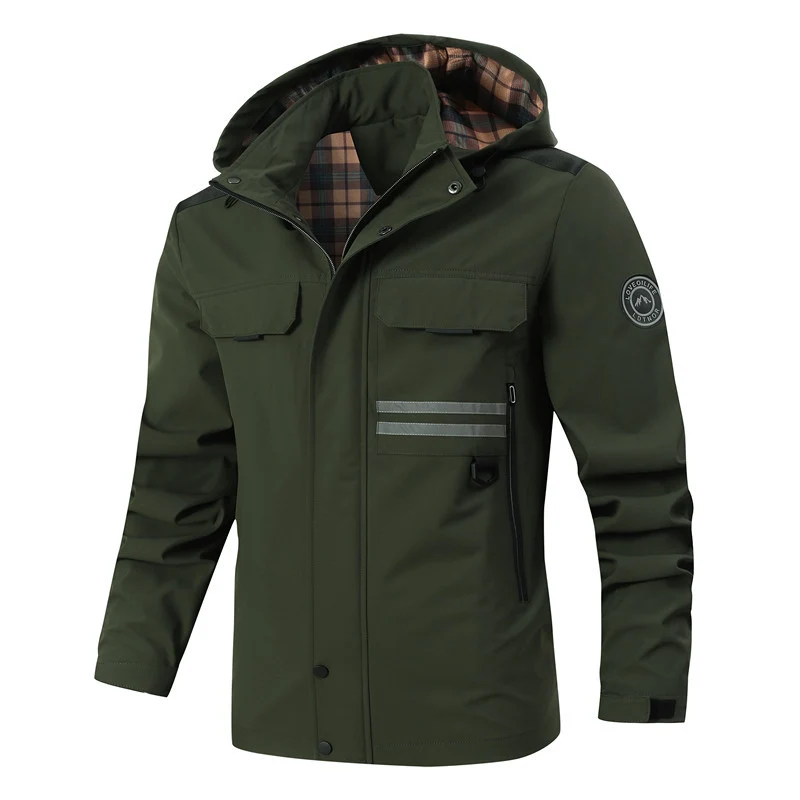 Herren Wasserdichte Softshell-Jacke mit Kapuze, reflektierenden Streifen und kariertem Innenfutter Drune