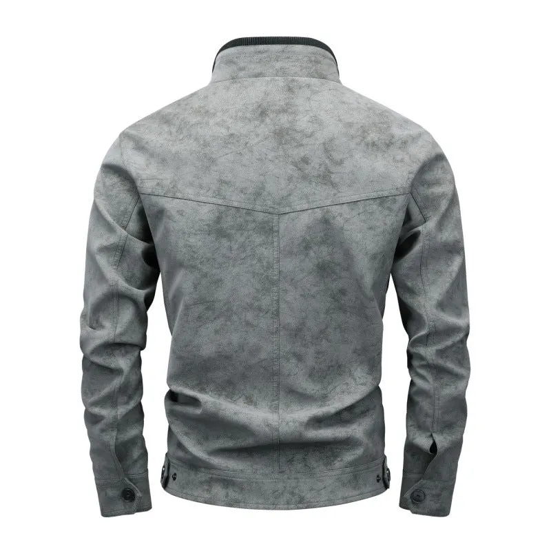 Herren Vintage-Utility Lederimitatjacke mit Stehkragen und mehreren Taschen Drune