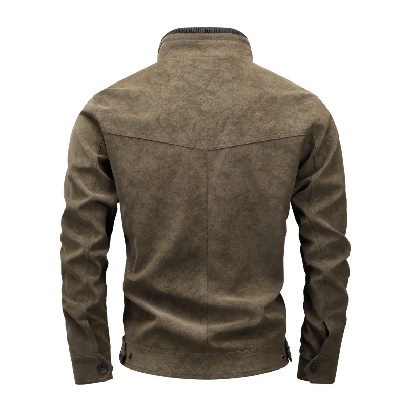 Herren Vintage-Utility Lederimitatjacke mit Stehkragen und mehreren Taschen Drune