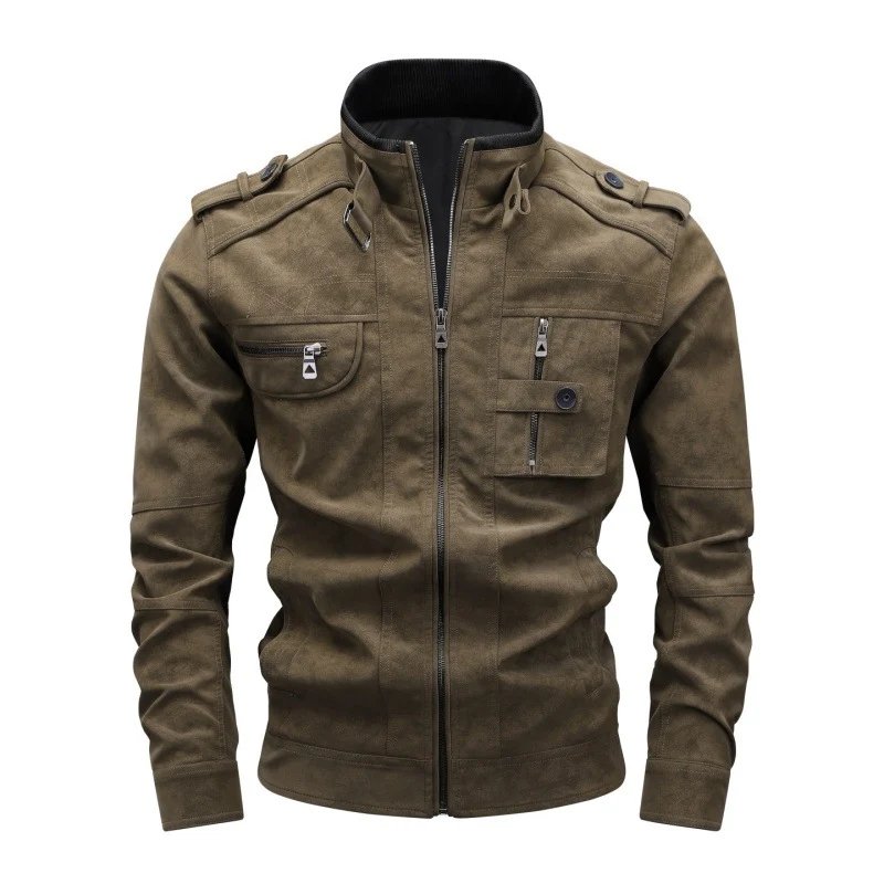 Herren Utility-Lederimitatjacke mit Stehkragen, Schulterklappen und multiplen Brusttaschen Drune