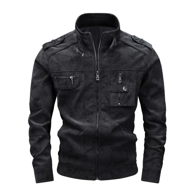 Herren Utility-Lederimitatjacke mit Stehkragen, Schulterklappen und multiplen Brusttaschen Drune