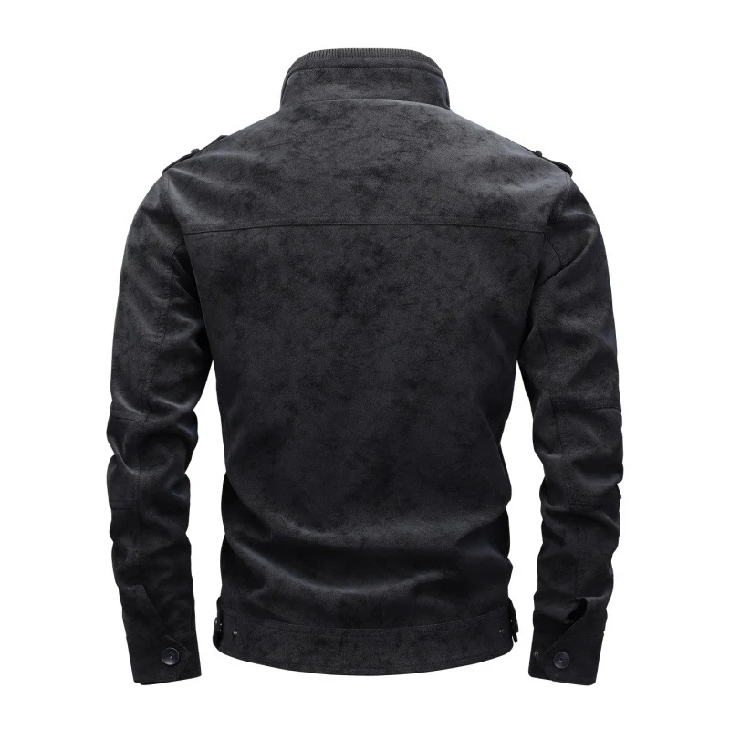 Herren Utility-Lederimitatjacke mit Stehkragen, Schulterklappen und multiplen Brusttaschen Drune