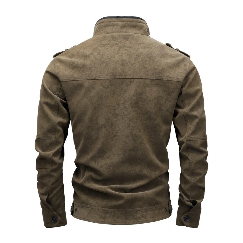 Herren Utility-Lederimitatjacke mit Stehkragen, Schulterklappen und multiplen Brusttaschen Drune