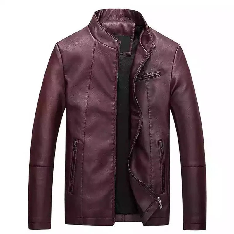 Herren Slim-Fit Kunstlederjacke mit Stehkragen und verdecktem Reißverschluss Drune