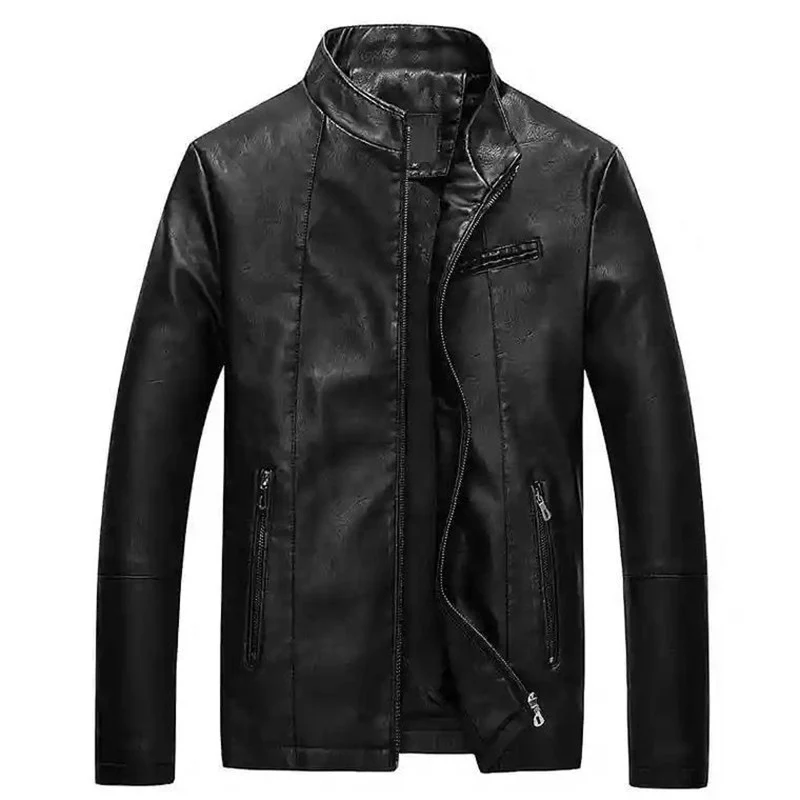 Herren Slim-Fit Kunstlederjacke mit Stehkragen und verdecktem Reißverschluss Drune