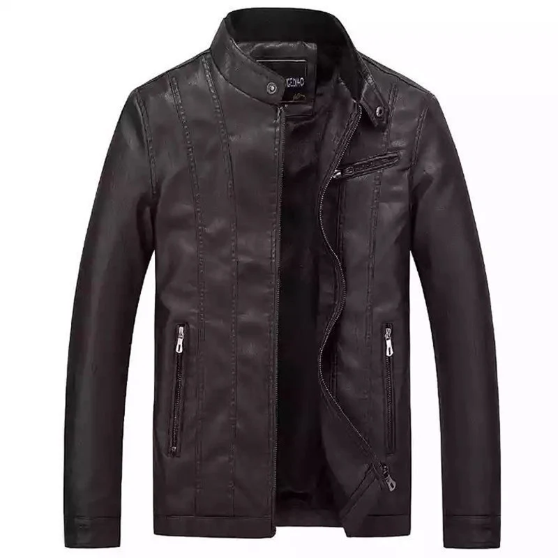 Herren Slim-Fit Kunstlederjacke im Bikerstil mit Stehkragen und vertikalen Ziernähten Drune