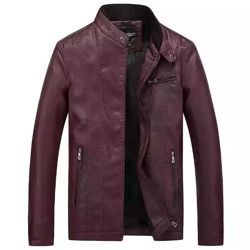 Herren Slim-Fit Kunstlederjacke im Bikerstil mit Stehkragen und vertikalen Ziernähten Drune