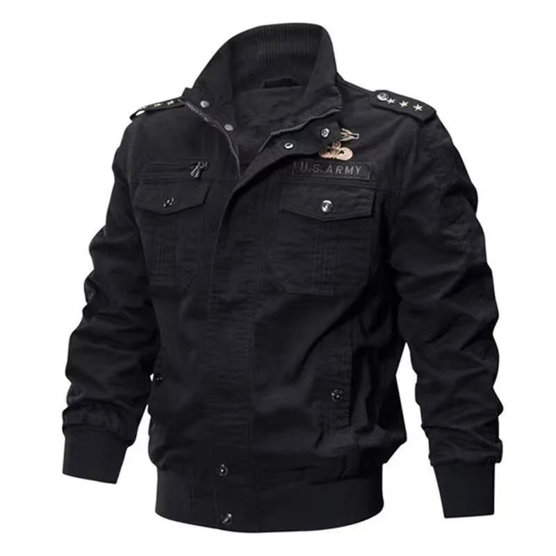 Herren Militärische Bomberjacke mit Epauletten, Stehkragen und Utility-Taschen Drune