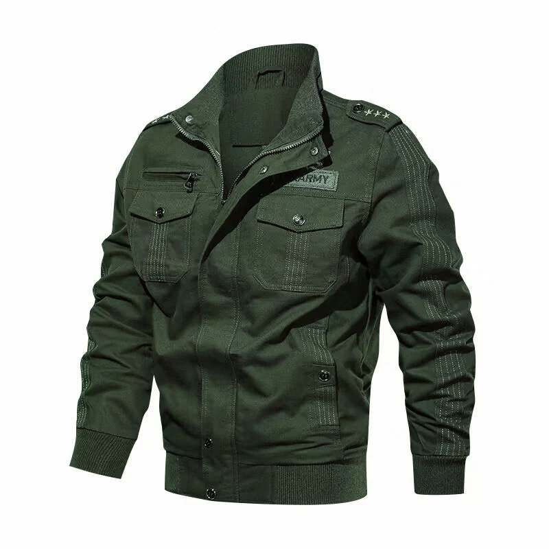 Herren Militärische Bomberjacke mit Epauletten, Stehkragen und Utility-Taschen Drune