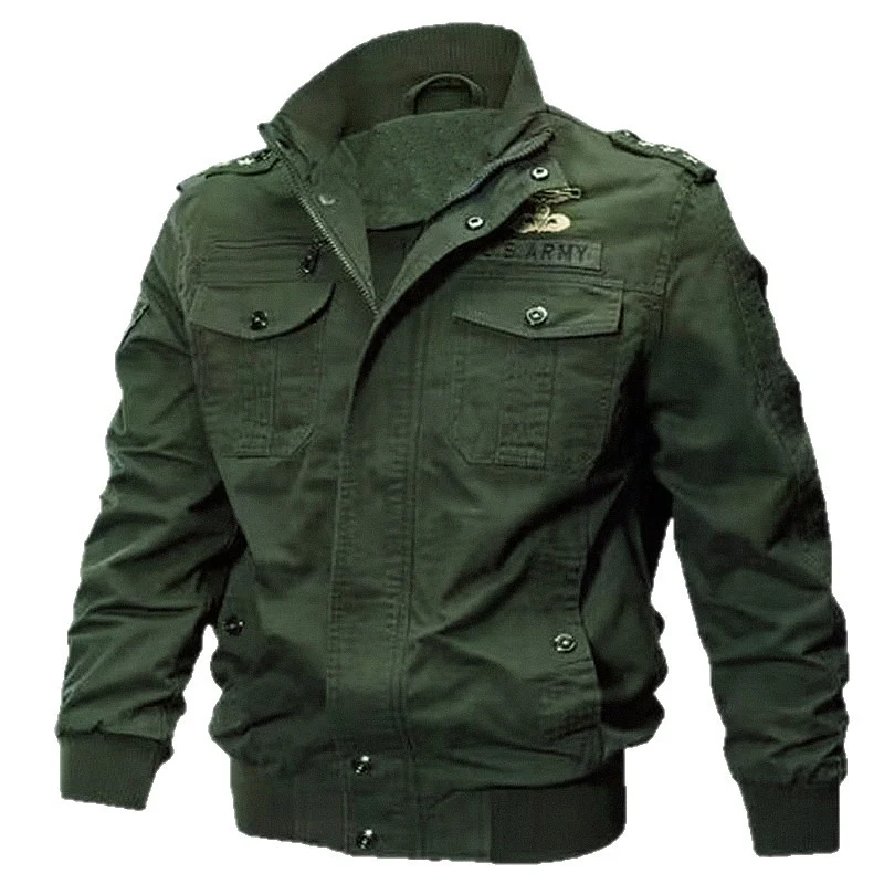 Herren Militärische Bomberjacke mit Epauletten, Stehkragen und Utility-Taschen Drune