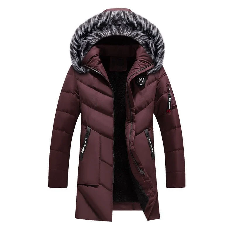 Herren Langer Thermo-Parka mit Kunstfellkapuze, Chevron-Steppung und Fleece-Innenfutter Drune