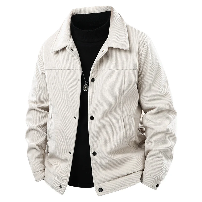 Herren Kordjacke im Truckerstil mit Druckknopfverschluss und klassischem Hemdkragen Drune