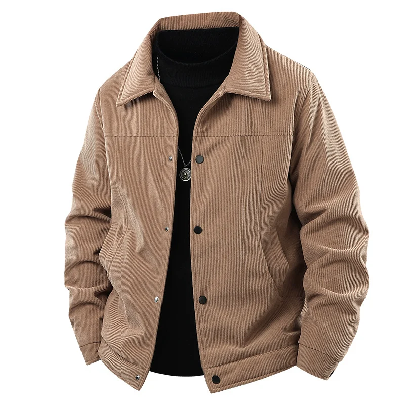 Herren Kordjacke im Truckerstil mit Druckknopfverschluss und klassischem Hemdkragen Drune