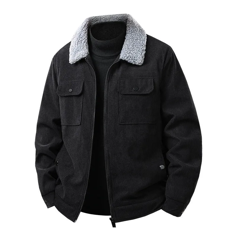 Herren Kord-Workjacke mit Sherpa-Kragen, verdecktem Reißverschluss und Multifach-Brusttaschen Drune