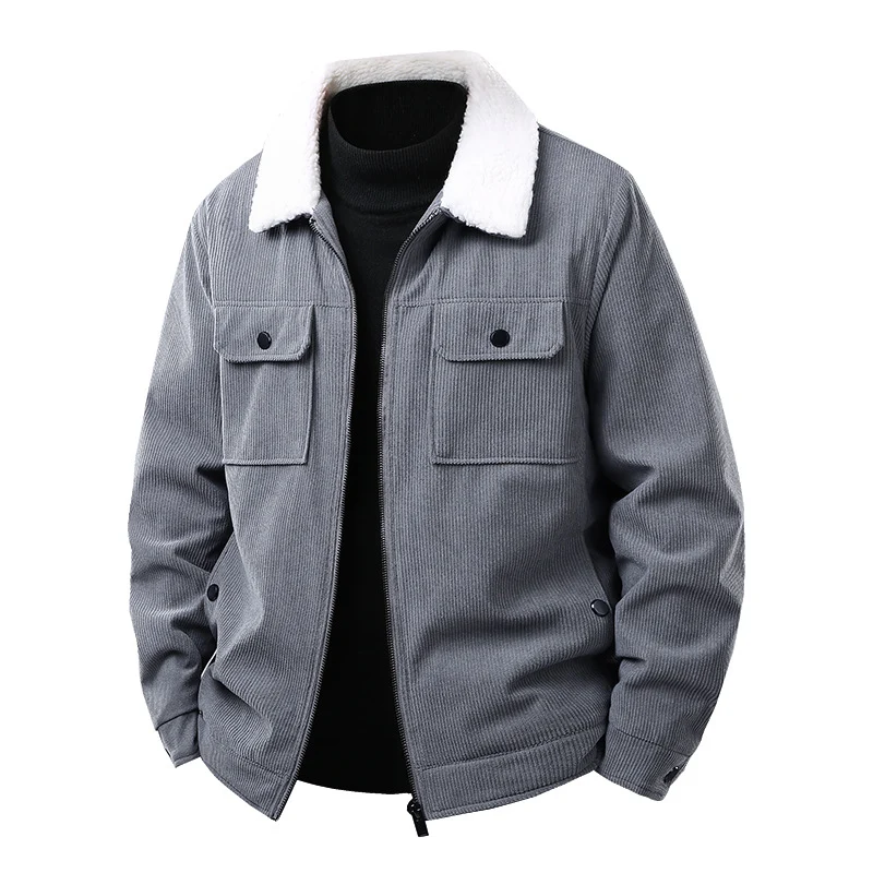 Herren Kord-Workjacke mit Sherpa-Kragen, verdecktem Reißverschluss und Multifach-Brusttaschen Drune