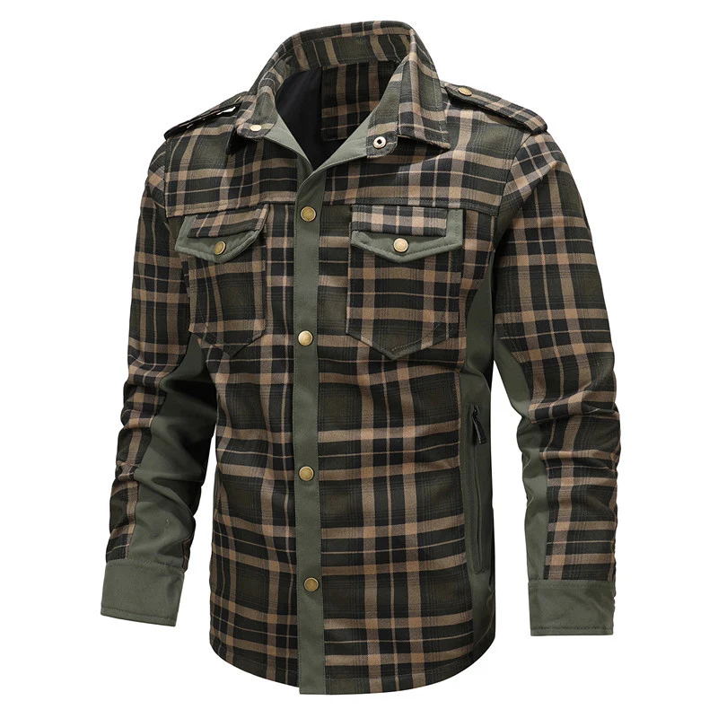 Herren Kariertes Hemdjacke im Field‑Stil mit Epauletten, Brustklappen und verstärkten Seitenpaneelen Drune