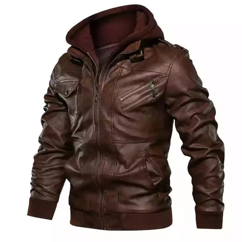 Herren Kapuzen-Lederimitatjacke im Bikerstil mit Reißverschlusstaschen und gerippten Bündchen Drune