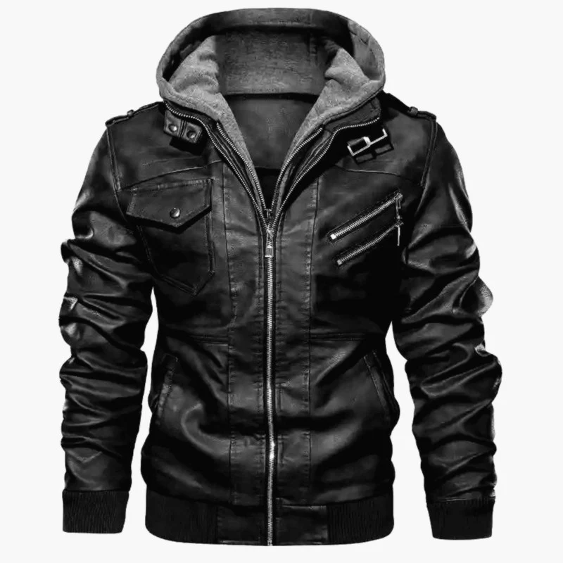 Herren Kapuzen-Lederimitatjacke im Bikerstil mit Reißverschlusstaschen und gerippten Bündchen Drune
