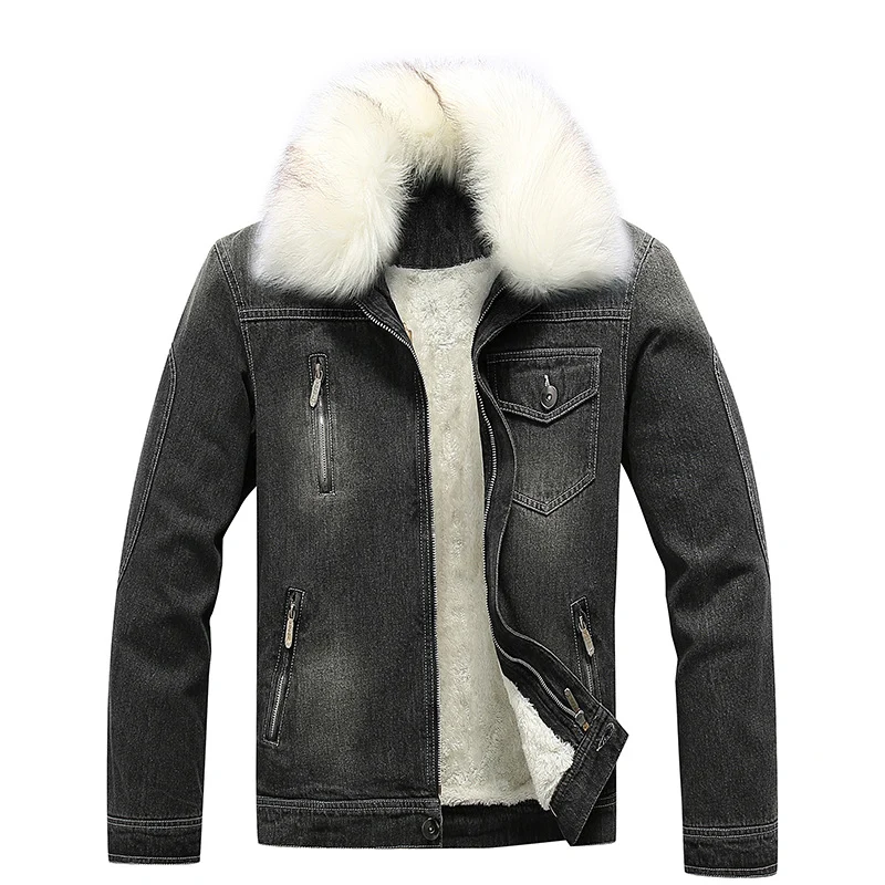Herren Jeansjacke mit Teddyfutter, Kunstfellkragen und multifunktionalen Reißverschlusstaschen Drune