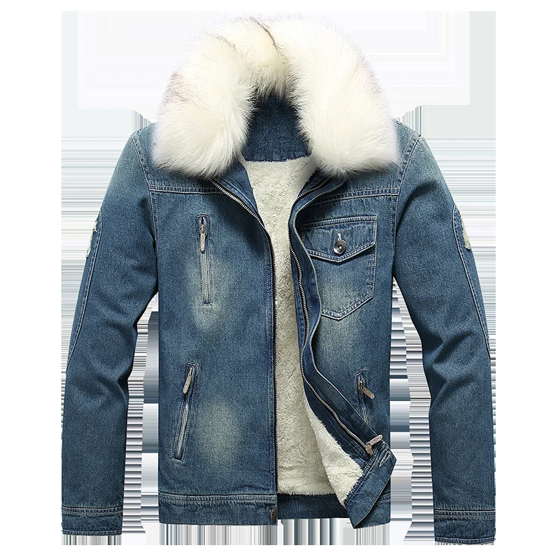 Herren Jeansjacke mit Teddyfutter, Kunstfellkragen und multifunktionalen Reißverschlusstaschen Drune