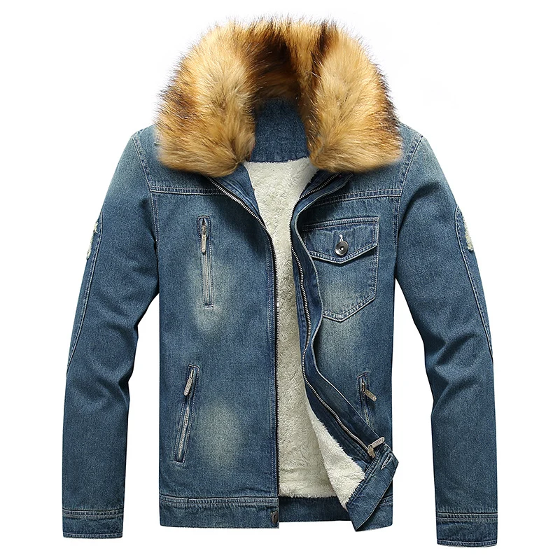 Herren Jeansjacke mit Teddyfutter, Kunstfellkragen und multifunktionalen Reißverschlusstaschen Drune