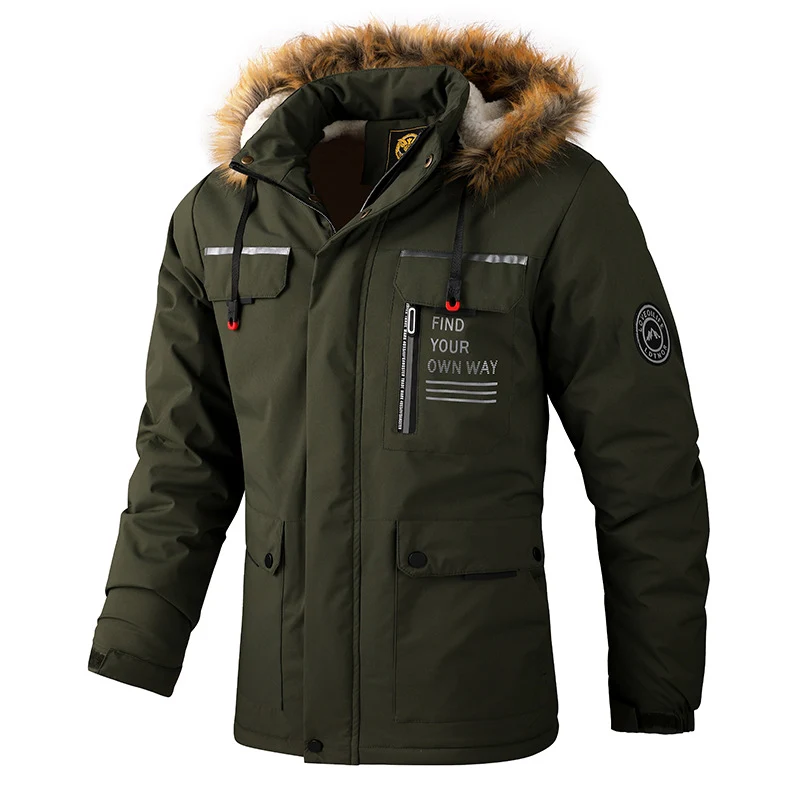 Herren Isolierter Outdoor-Parka mit Kunstfellbesatz, Multifunktions‑Taschen und Fleece‑Innenfutter Drune