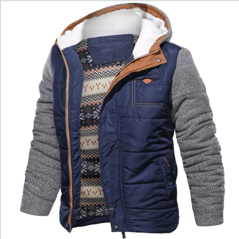 Herren Hybrid-Winterjacke mit gesteppter Thermoisolierung, Strickärmeln und Sherpa-Kapuzenfutter Drune