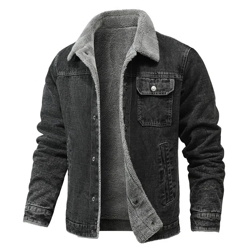 Herren gewaschene Denim-Workerjacke mit Teddyfutter und eingelassenen Seitentaschen Drune