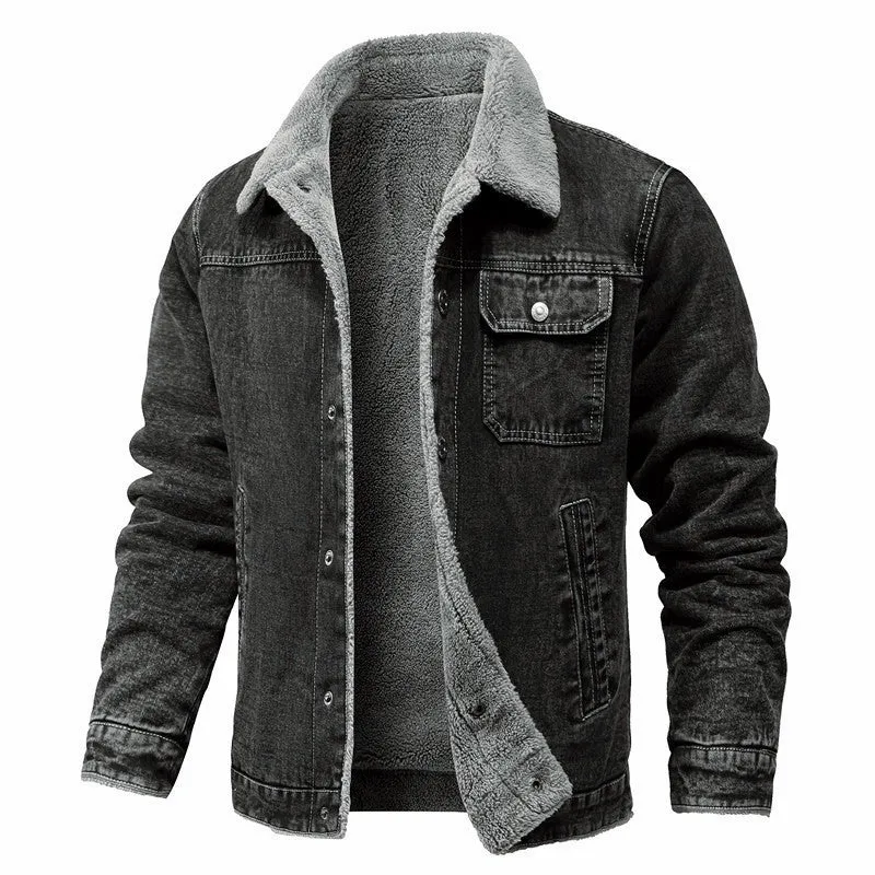 Herren gewaschene Denim-Workerjacke mit Teddyfutter und eingelassenen Seitentaschen Drune