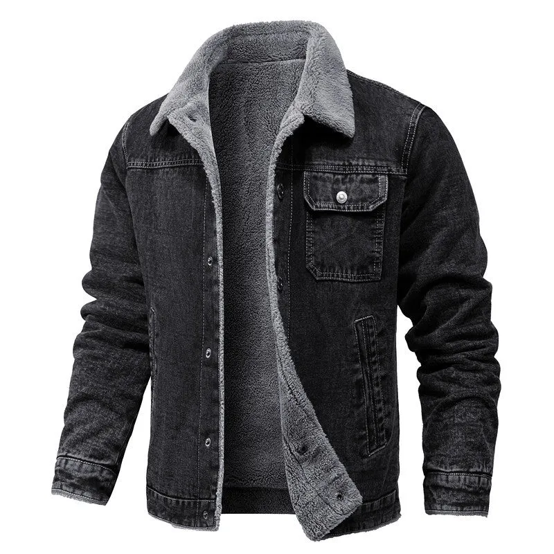 Herren gewaschene Denim-Workerjacke mit Teddyfutter und eingelassenen Seitentaschen Drune