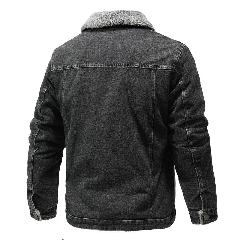 Herren gewaschene Denim-Workerjacke mit Teddyfutter und eingelassenen Seitentaschen Drune