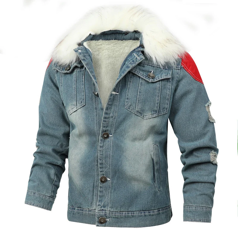 Herren Gefütterte Denim-Truckerjacke mit Teddyfutter und Kunstfellkapuze Drune